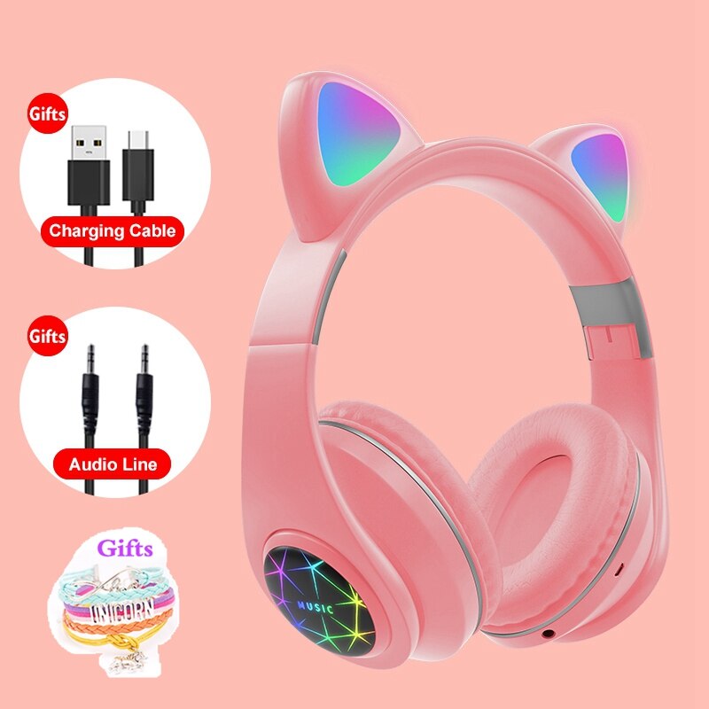 RGB Cat Ear Headphones Bluetooth 5.0 Noise Cancelling Adults Kids girl Headset Support TF Card FM Radio With Mic bracelet: pink