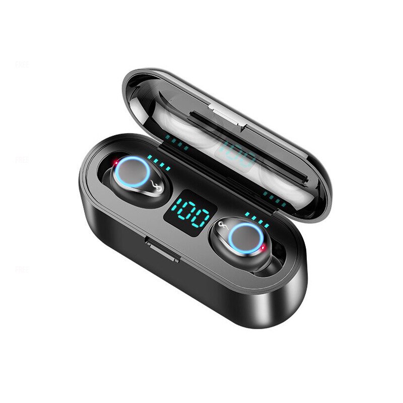 F9 Draadloze Hoofdtelefoon Bluetooth 5.0 Tws Headset Hifi Mini In-Ear Sport Running Oortelefoon Ondersteuning Ios/Android Met 2000 mah: Black-Breath light