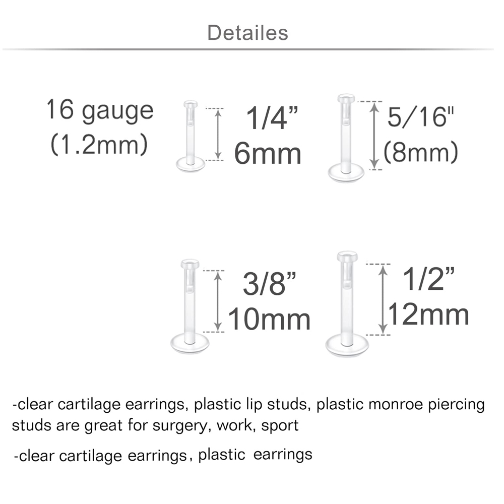 2 stuks 16g transparante kraakbeen oorbellen, stekertjes van plastic voor helix- en traguspiercings, lipringen, labret-retainers voor werk en chirurgie