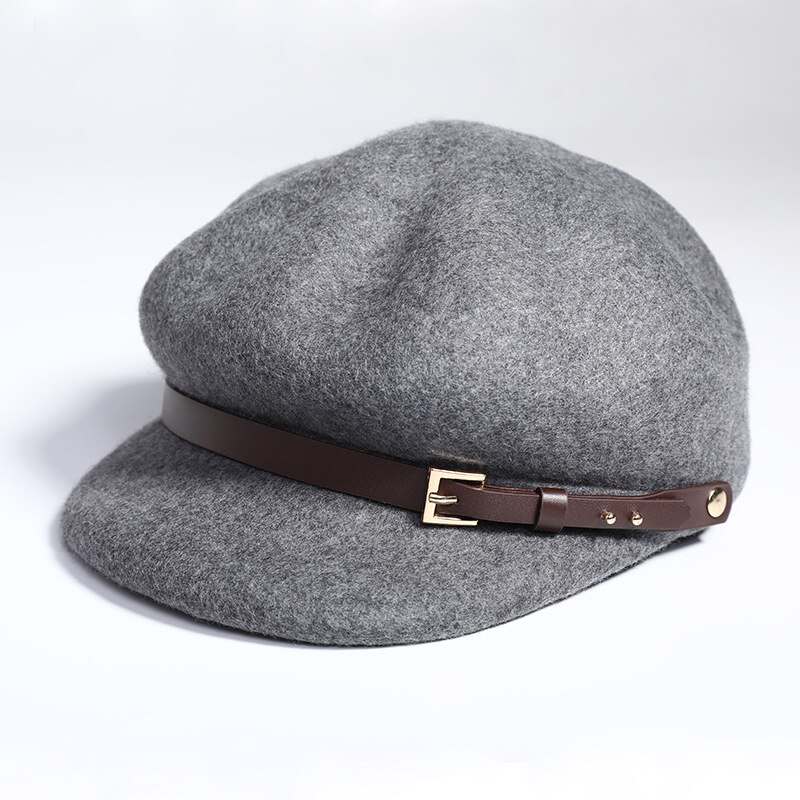 01908- jinri 70 høst vinter ullbelte dame åttekantet lue kvinner fritid beret cap: Grå
