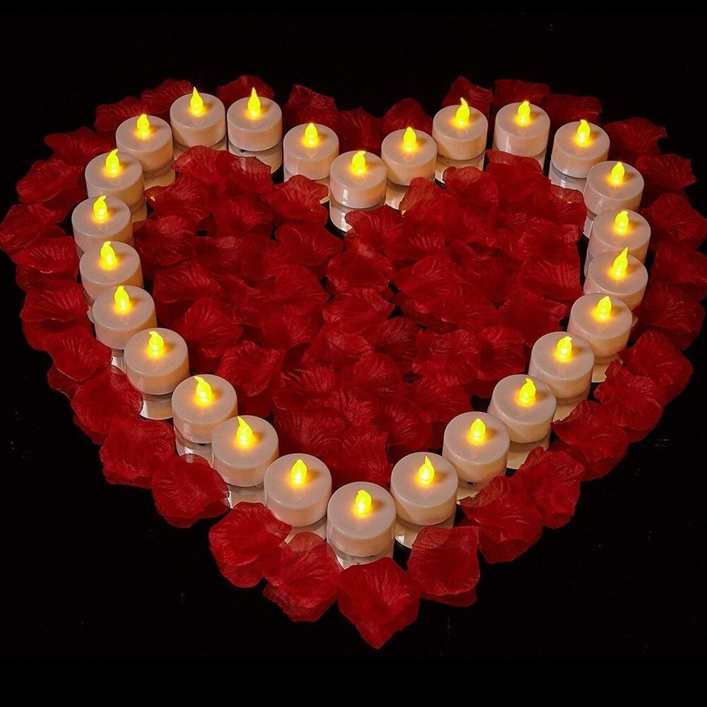 Velas LED con 100 piezas de pétalos de rosa artificiales, luces de té con batería, para propuesta de boda, Día de San Valentín, decoración del hogar, 24 piezas
