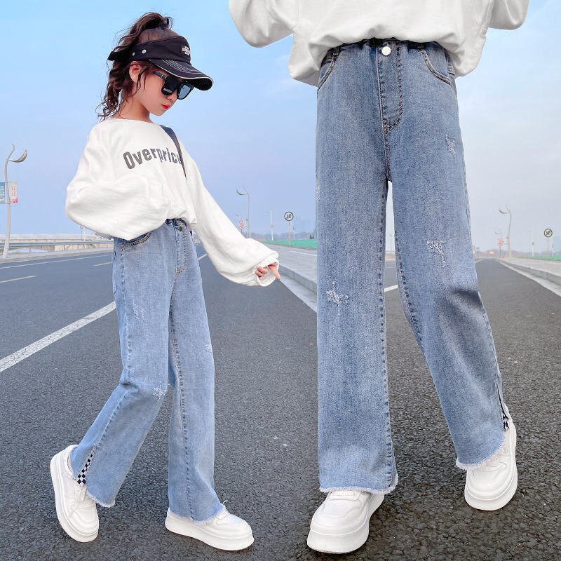 Pantalones vaqueros elásticos de pierna ancha para niño, niña adolescente de 5, 6, 8, 10, 12 y 14 años, primavera y otoño, 2022