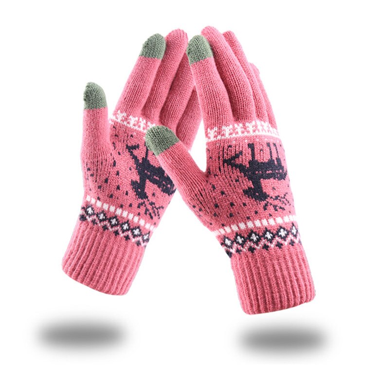 Jacquard varme fawn hansker dame berøringsskjerm hanske dame vinter fløyel ull hansker kvinnelige julevotter hanske: Rosenrød