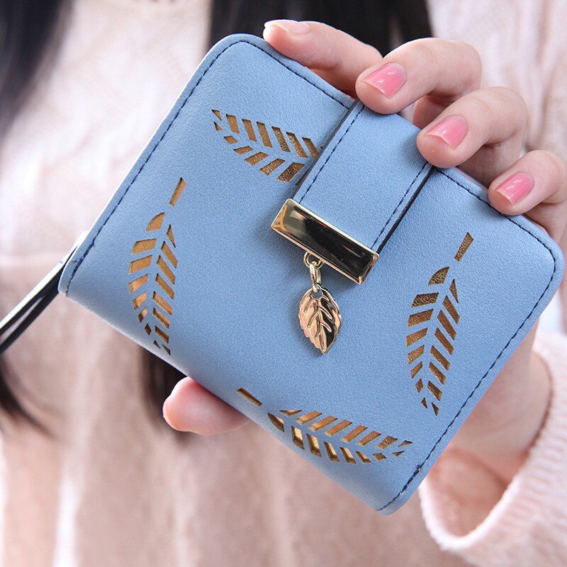 Bolsa feminina carteira bifold leaf carteira de couro titular do cartão de embreagem bolsa portafoglio donna billeteras para mujer monederos clip