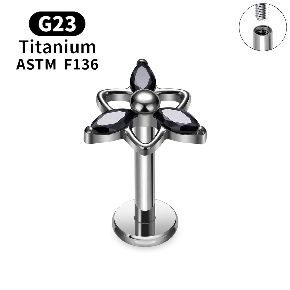 G23 Titanium Sneeuwvlok Kers Hartvorm Platte Achterkant Stud Oorbel 16G CZ Oor Tragus Kraakbeen Helix Conch Kwab piercing Sieraden: green / Platinum Plated