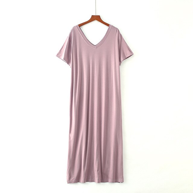 Ladies Basic Sleep Shirt Sexy Lingerie Solid V-Neck Long Nightgown Modal Sleepwear Summer Loose Pregnant Nighty Nightdress: 1