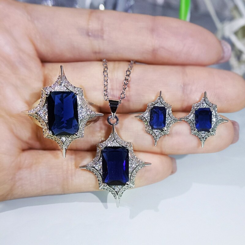 Silber Farbe Zirkon Stein Schmuck einstellen Jahrgang Geometrische Hochzeit Schmuck setzt für Frauen Ring + Ohrring + Halskette: 1 einstellen