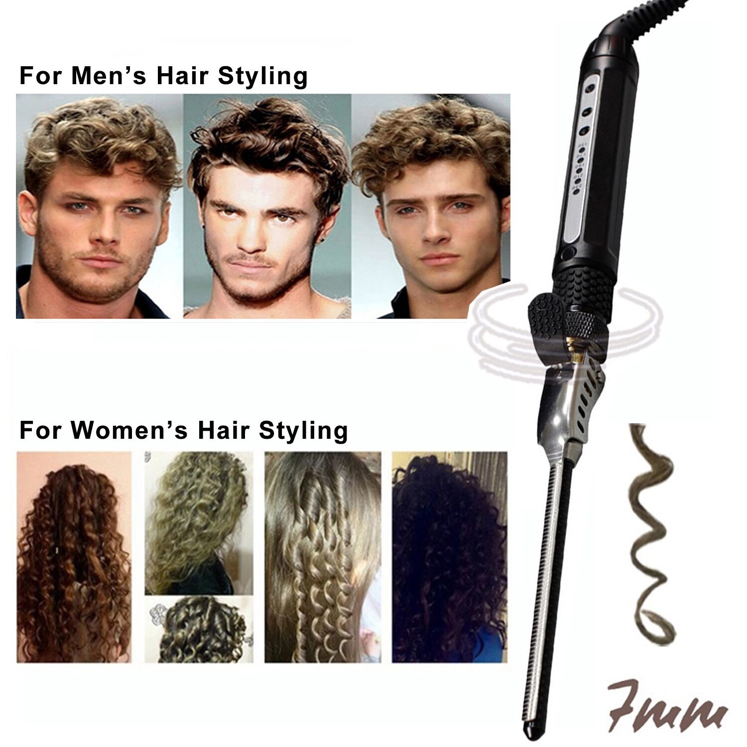 Unisex Hair Crimper 7mm Curly Styling Tools Curling Iron 230&amp;deg;C Temperature Adjustable Hair Curler Anti Hair Bangs Machine