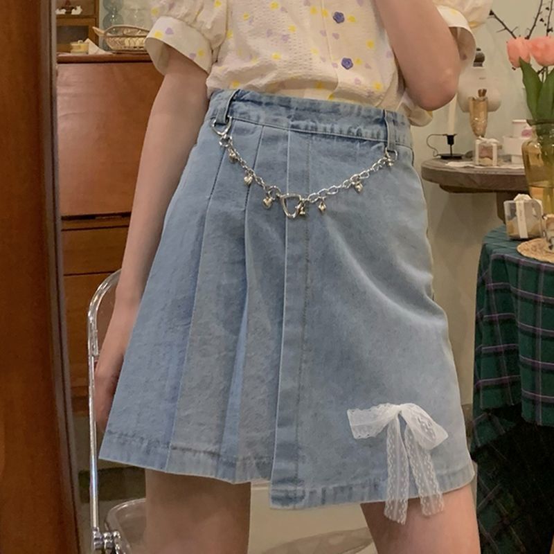 HOUZHOU-Falda vaquera Vintage para mujer, Falda plisada asimétrica de cintura alta con cadena de lazo Kawaii, ropa de calle informal de coreana para verano