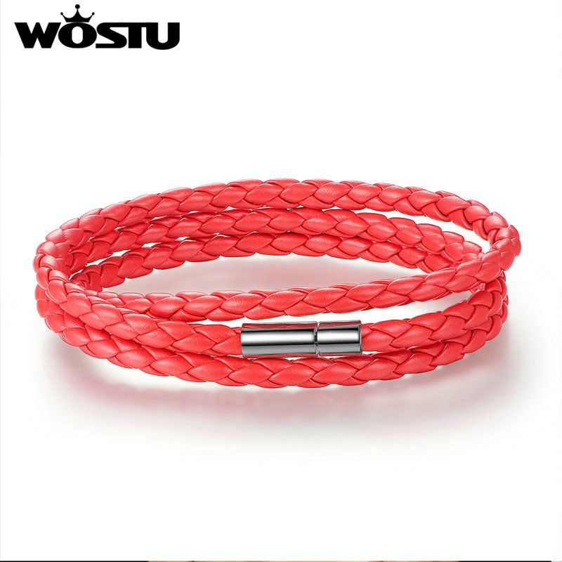 WOSTU 6 Color 60CM PU Leather Wrap Bracelet With Magnet Clasp Jewelry For Women Men Pulseira: red