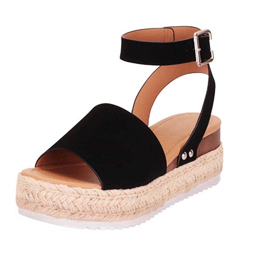 Décontracté semelle en caoutchouc clouté Chaussures compensées Femme boucle bride à la cheville sandales à bout ouvert femmes Chaussures plate-forme Chaussures Femme Zapatos: Black  / 42