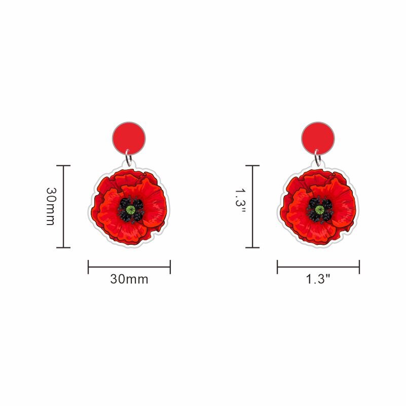 Rød valmue blomst sort kors hjerte form cirkel med blomster akryl ørestikker romantiske valmuer buket broche smykker: Blomst