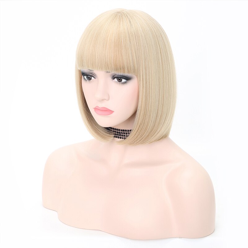 Lanyi kort lichtrood steil bobkapsel met pony synthetisch haar voor vrouwen 12 cm hittebestendige vezels dagelijkse natuurlijke pruiken: Donkerblond