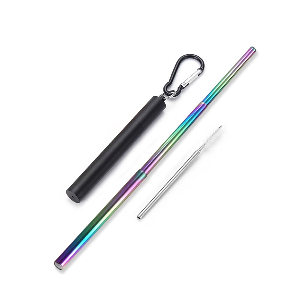 Roestvrij Staal Vouwen Stro Telescopische Rietje Pen Shaped Case Carabiner Herbruikbare Metalen Stro Reizen Picknick Drinkware: Black1
