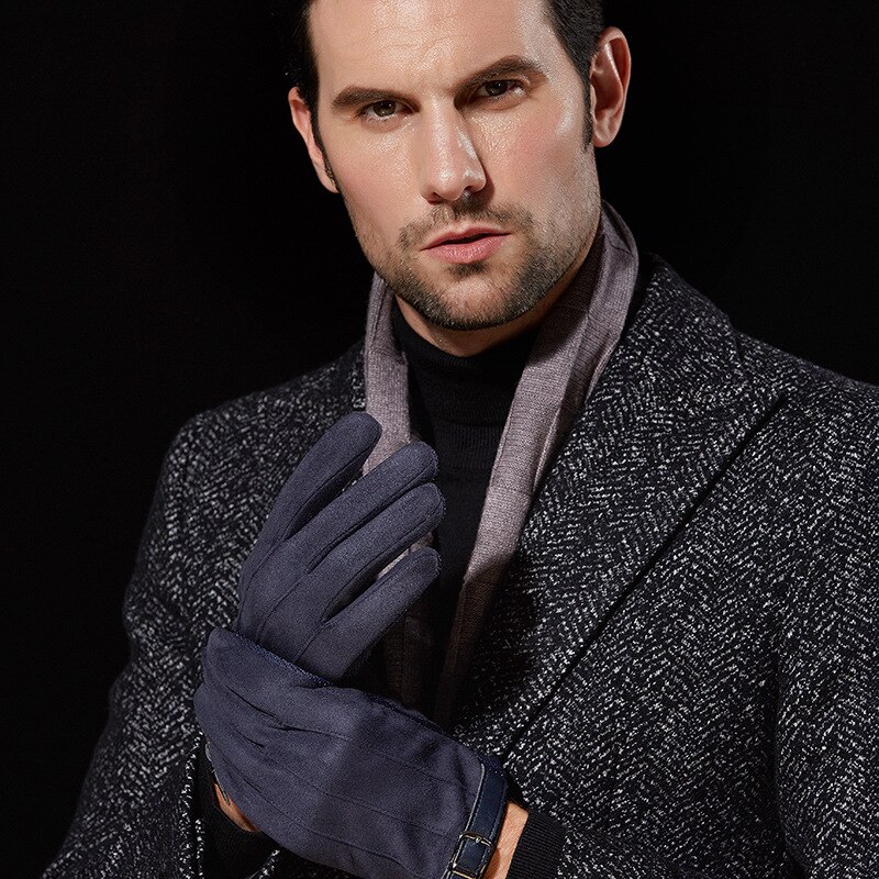 Guantes para conducir de gamuza para hombre, invierno, mantener el calor, además de terciopelo, pantalla gruesa, guantes de invierno a prueba de viento, cuenco de punto, boca, dedo completo: DY07 brown