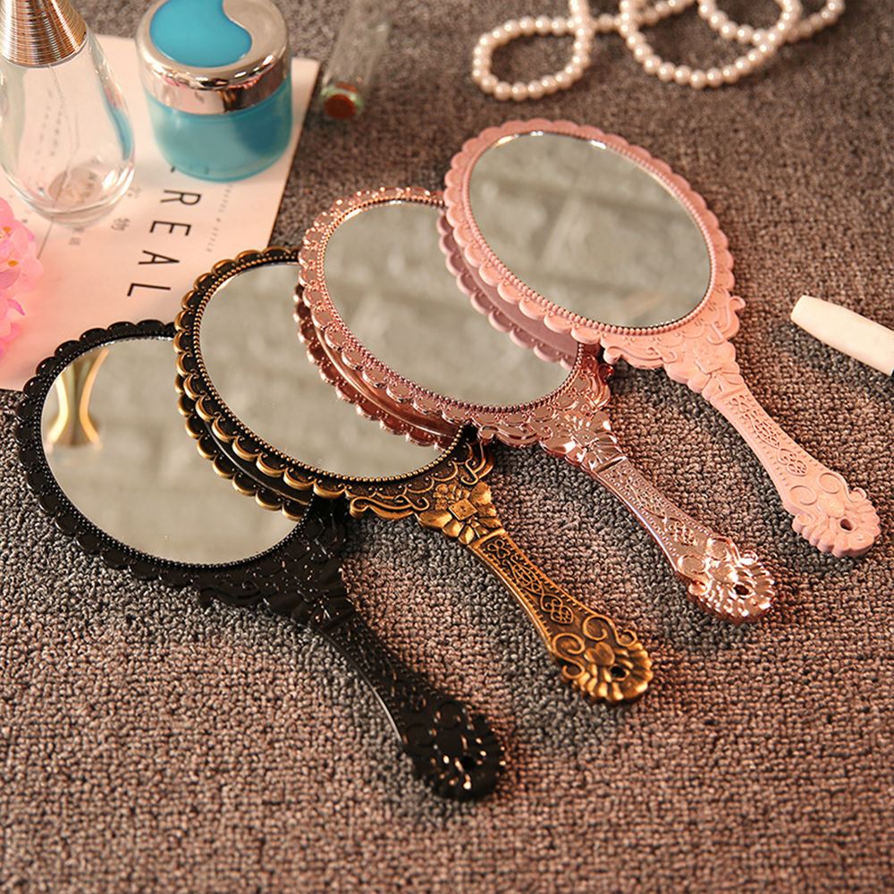 Bærbart vintage spejl håndholdt makeup spejl pink blomstret ovalt rundt kosmetisk håndholdt spejl med håndtag til rejser
