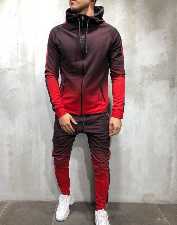 Ensemble de survêtement pour hommes homme Jogging costume décontracté Colorblock rayure Sweat costumes gris vêtements de sport printemps automne hommes ensembles vêtements de sport: Rouge / 3XL