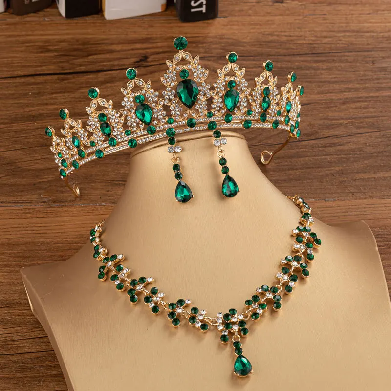 Baroque Vintage Green Crystal Heart Bridal Jewelry Sets Rhinestone Tiaras Crown Stud Earrings Necklace Wedding Dubai Jewelry Set: Light Yellow Gold Color