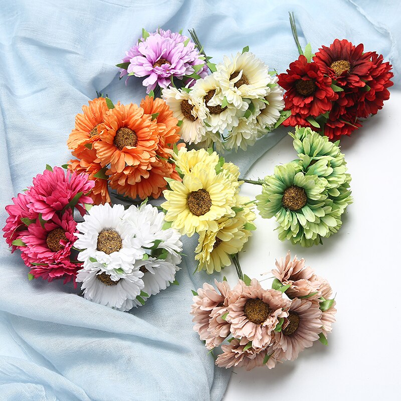 6 stk/parti 5cm kunstig blomst silke gerbera solsikkebukett til bryllup hjemme hage vase dekorasjon diy krans utklippsbok