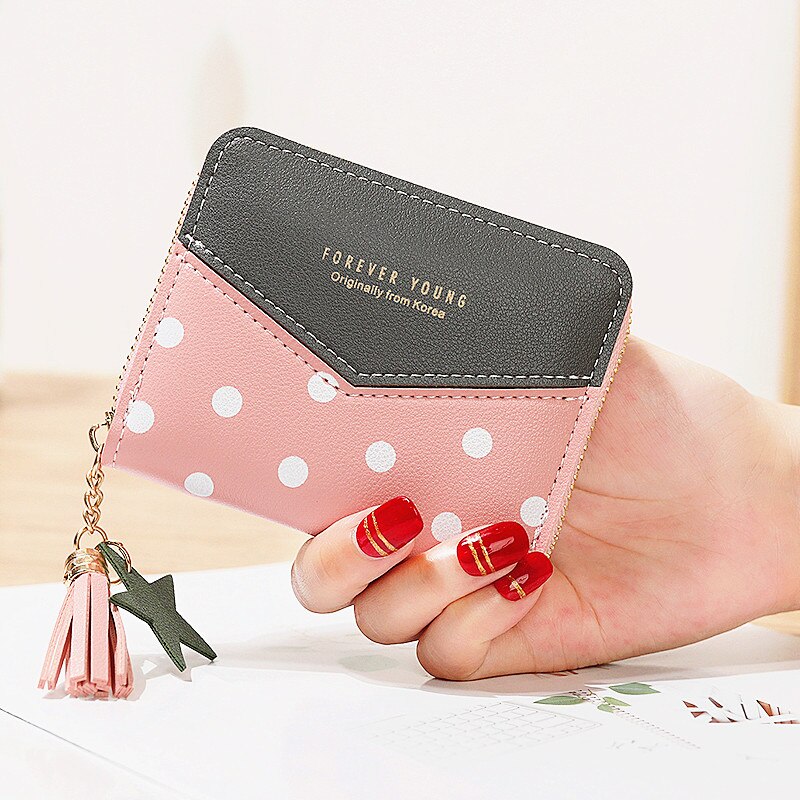 Korte Portemonnees Dame Portemonnee Kwasten Rits Vrouwen Dots Wallet Bag Kaarten Id Houder Meisjes Portefeuilles Geldzakken Notecase Pocket Poucht