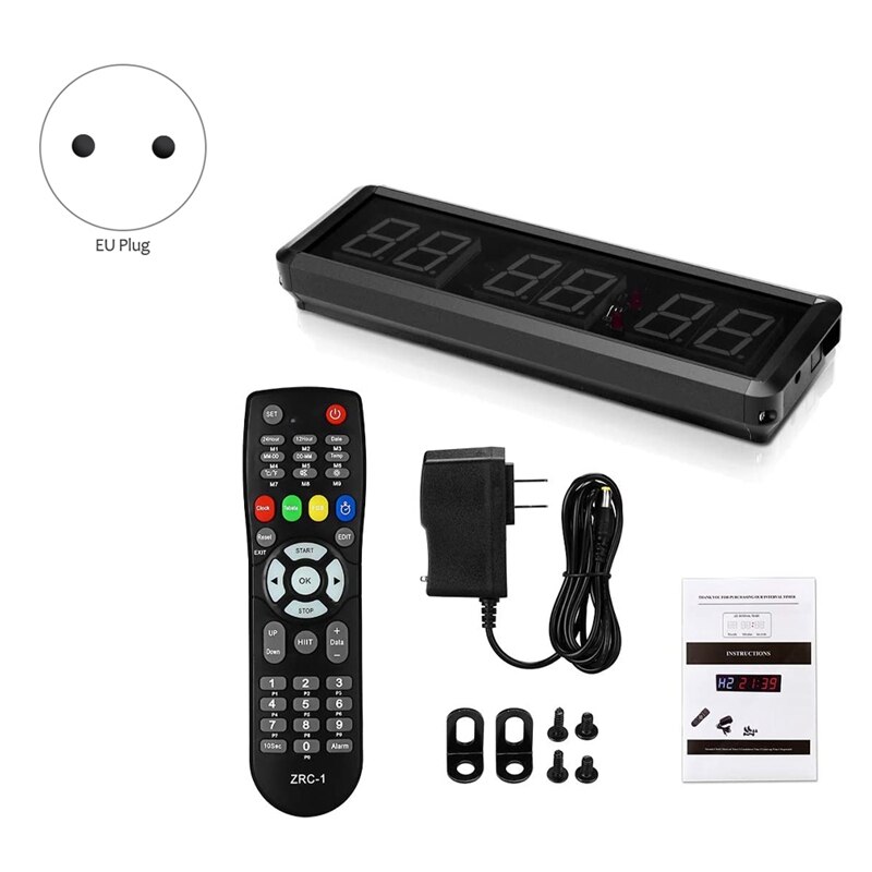 LED Interval 1.5Inch 6 Digits Gym Workout Timer Count Down Clock Stopwatch Timer with Remote for Home Fitness EU Plug