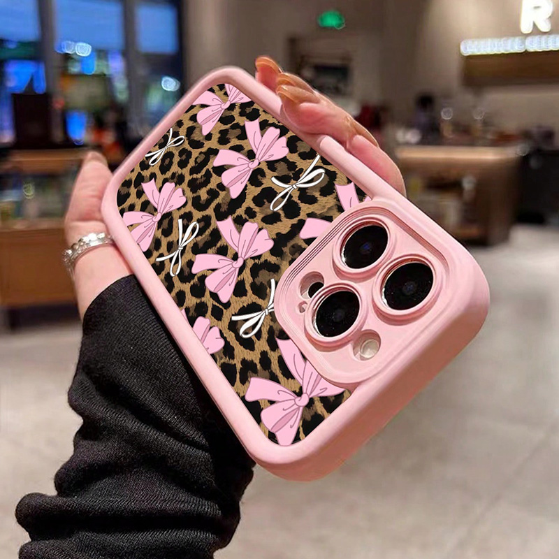 Para iPhone 15 funda con lazo rosa y estampado de leopardo para iPhone 11 12 13 14 16 Pro Max XS X XR 7 8 Plus SE 2022