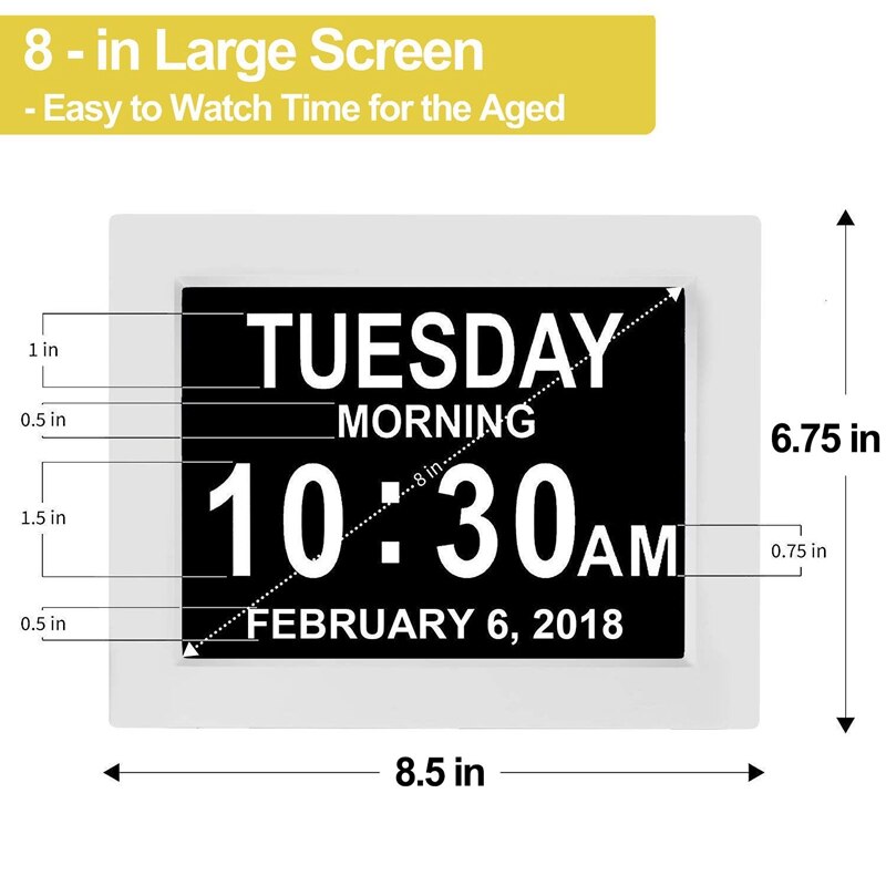 Digital Calendar Alarm Day Clock - with 8 inch Large Screen Display, Am Pm, 5 Alarm, for Extra Large Impaired Vision People,