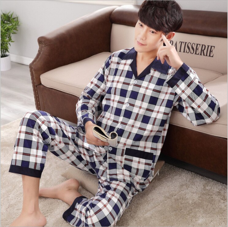 Conjunto de pijamas para hombre, ropa de casa de algodón con estampado a cuadros de doble cara, pantalones de manga larga, ropa informal para exteriores para jóvenes de mediana edad: 1 / XXL