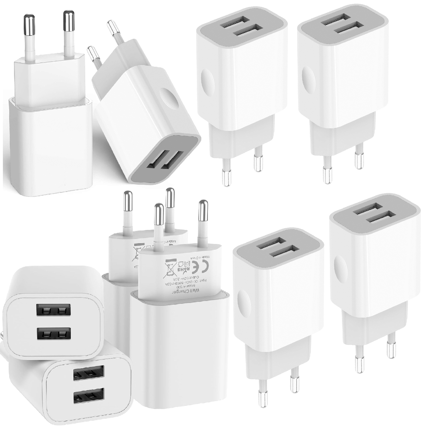 2-pack universele USB-lader 5V 2A/10W met 2 poorten - USB-stekker compatibel met alle soorten apparaten en smartphones - wit