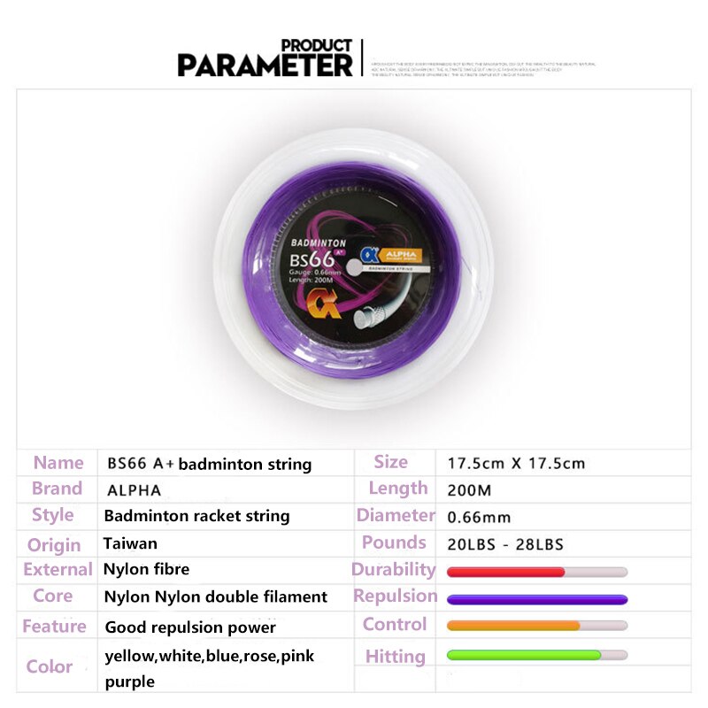 1 carrete Alpha BS66 Badminton String 0,66mm Control A + durabilidad golpear sonido raqueta cuerdas 200M