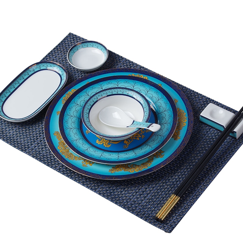 Luxury Bone China Dishes and Plates Sets Blue Ceramic Dinner Plates Restaurant Supplies Serving Dish