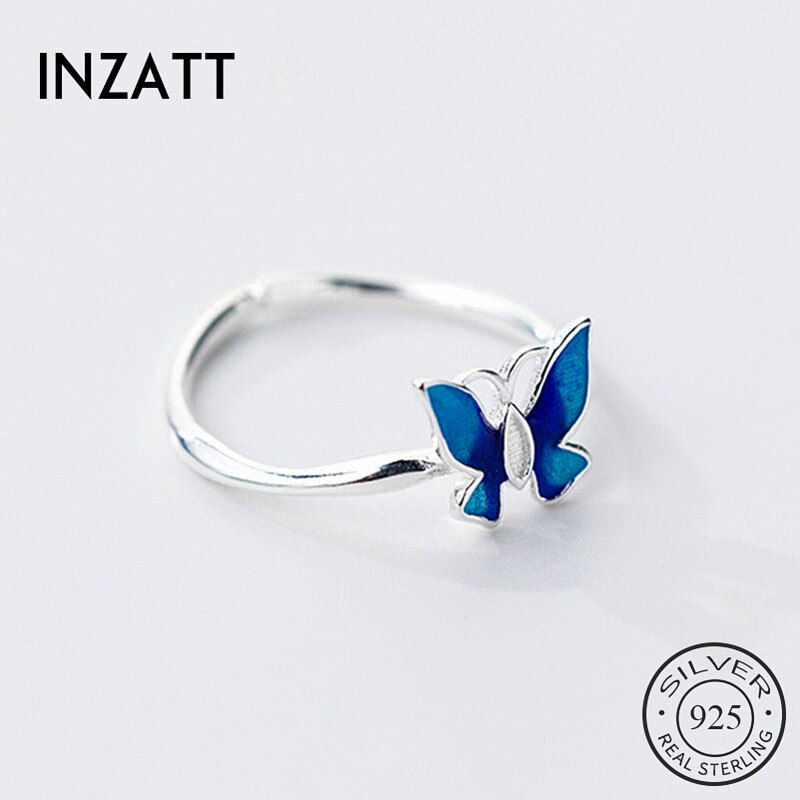 Inzatt echter 925 sterling silber blauer schmetterling verstellbarer ring für damen party feiner schmuck süße accessoires