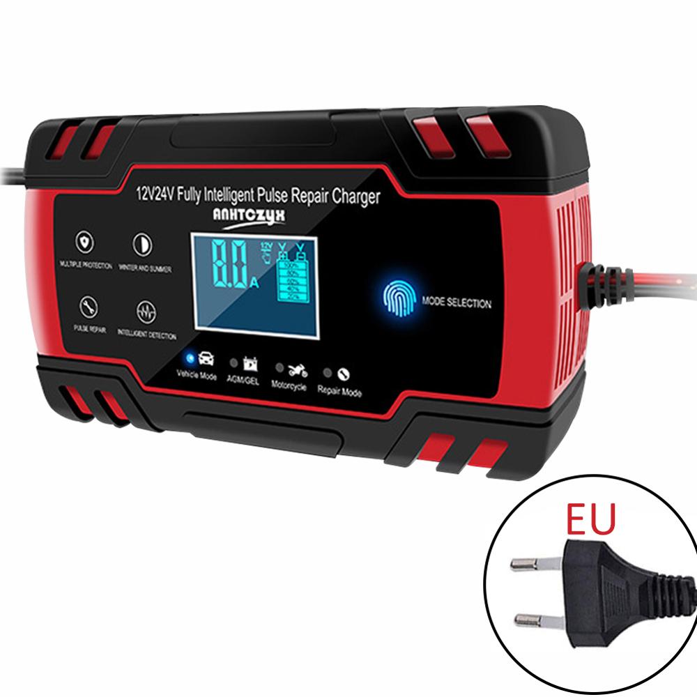 Bil batterilader 12/24v 8a berøringsskjerm pulsreparasjon lcd batterilader for bil motorsykkel blysyre batteri agm gel våt: Eu-plugg