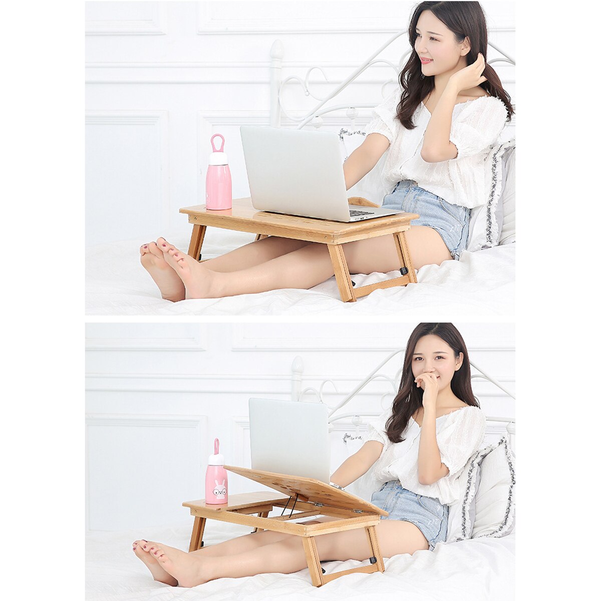 Foldable Bamboo Notebook Laptop Desk Stand Bed Tray Table Height Adjustable with 4 Angles Tilting Top Cooling Fan Drawer