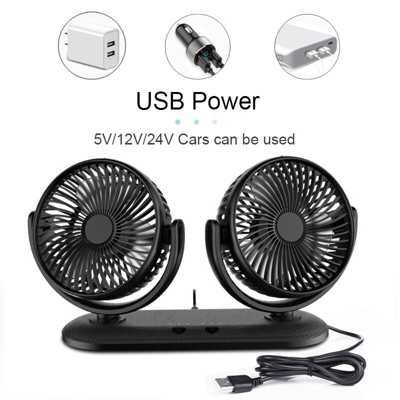 Ventilador portátil para coche de 12/24V, dispositivo de ventilación giratorio ajustable de 360 grados, refrigeración por aire, doble cabezal, silencioso, USB, de escritorio