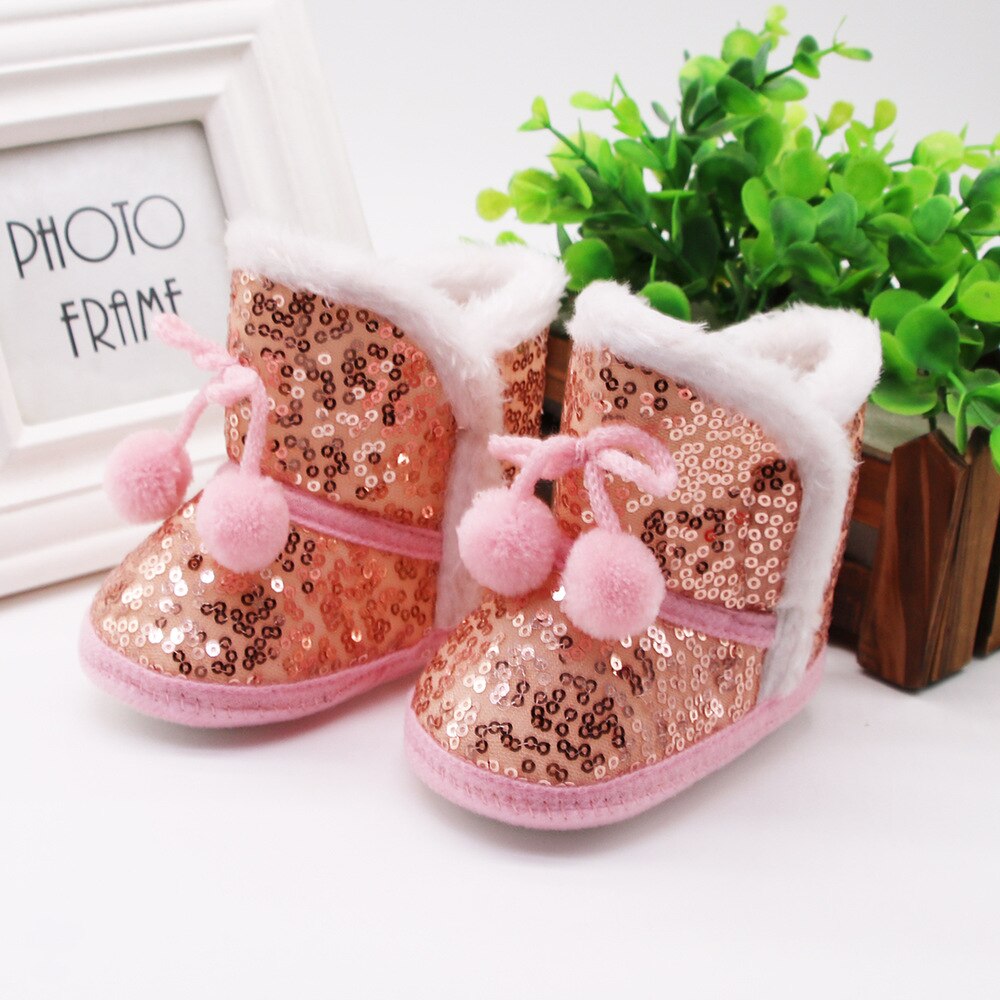 pudcoco Baby Girls Sequin Snow Boots Non-Slip Soft Sole Winter Warm Fur Lined Shoes Ankle Booties with Lace up Pom 0-12 Months