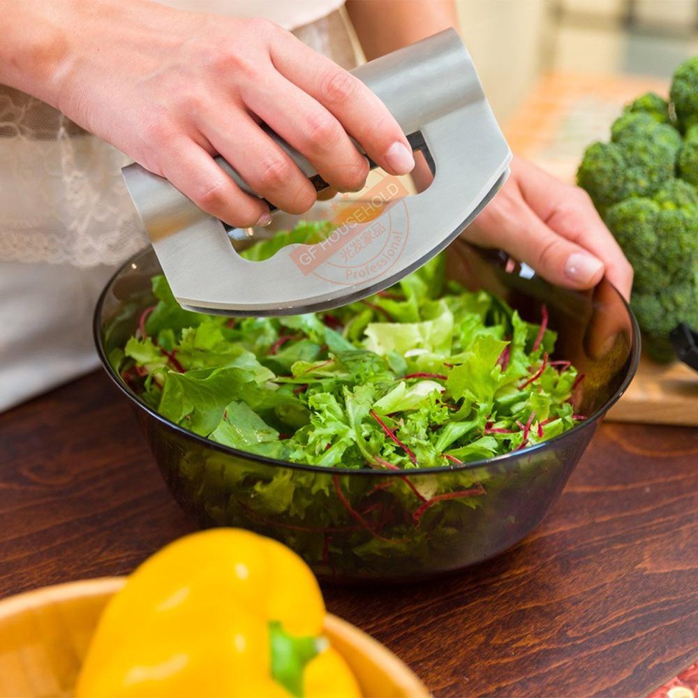 Mezzaluna chopper, salat chopper kniv med doble blad beskyttende deksler - rustfritt stål mezzaluna kniv, salat chopper
