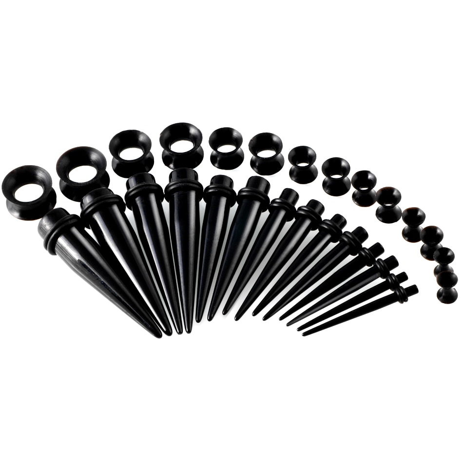 30 stks/partij Zwart Acryl Oor Taper Plug met Siliconen Oor Tunnels Plug Gauge Kit Oor Expander Brancard Set Body Piercing sieraden