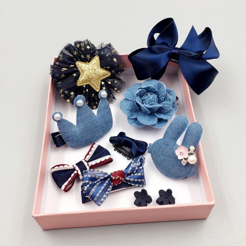 Leuke 10PCS Kids Baby Meisjes Kant Boog Haar Clips Bloem Barrette Haarspelden Box Set Meisje Haar Pin: Marineblauw