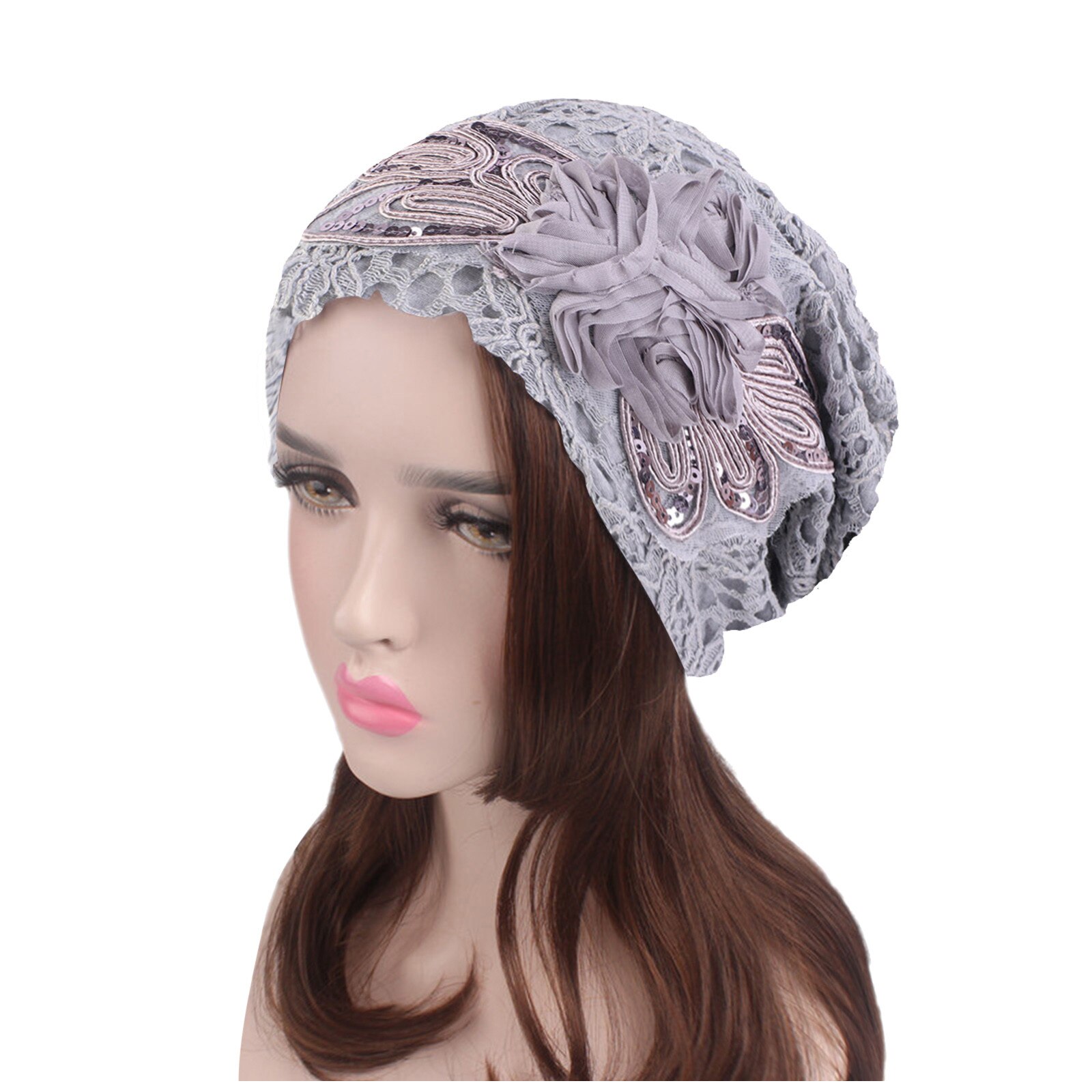 Lady Lace Muslim Ruffle Hat Beanie Scarf Turban Head Wrap Cap Hat Ethnic Style Lace Sequined Large Flower Ear Cap