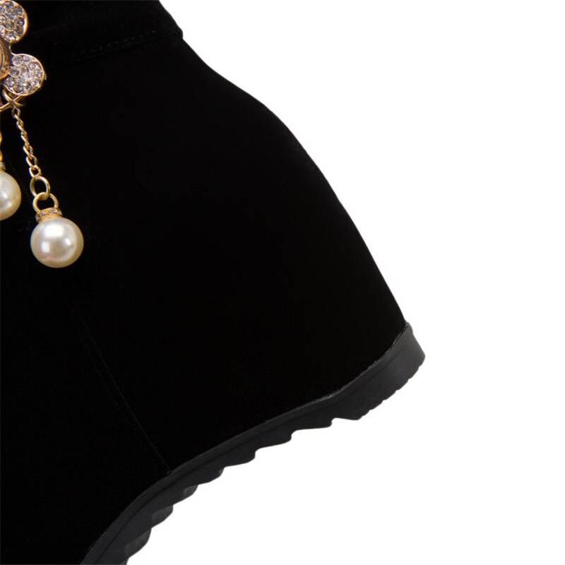 PXELENA fleur douce perle chaîne mariée mariage bottes chaussures d'hiver caché talons hauts Faux daim troupeau bottines rouge 43