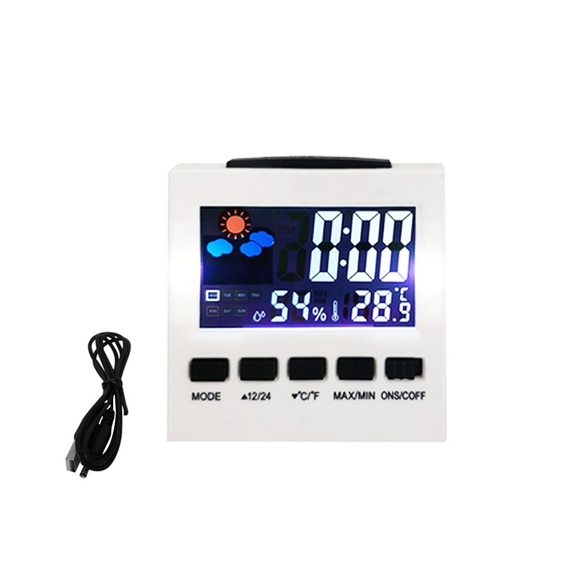 Weather Clock Color Screen Digital Display Thermometer humidity clock Colorful LCD Alarm Calendar Weather Pop: White with USB