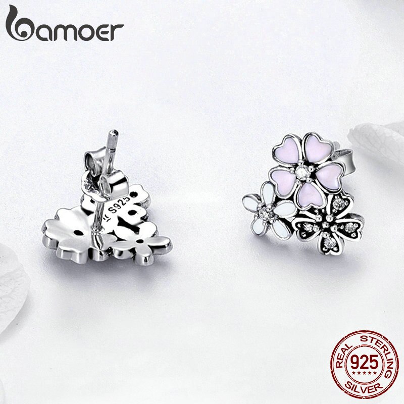 BAMOER 100% 925 Sterling Silver Pink Daisy Cherry Blossoms Flower Stud Earrings for Women Sterling Silver Jewelry SCE400