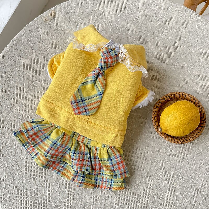 Vestidos de algodón para perros pequeños y gatos, ropa con corbata, tutú, Yorkies, Otoño e Invierno: yellow / S
