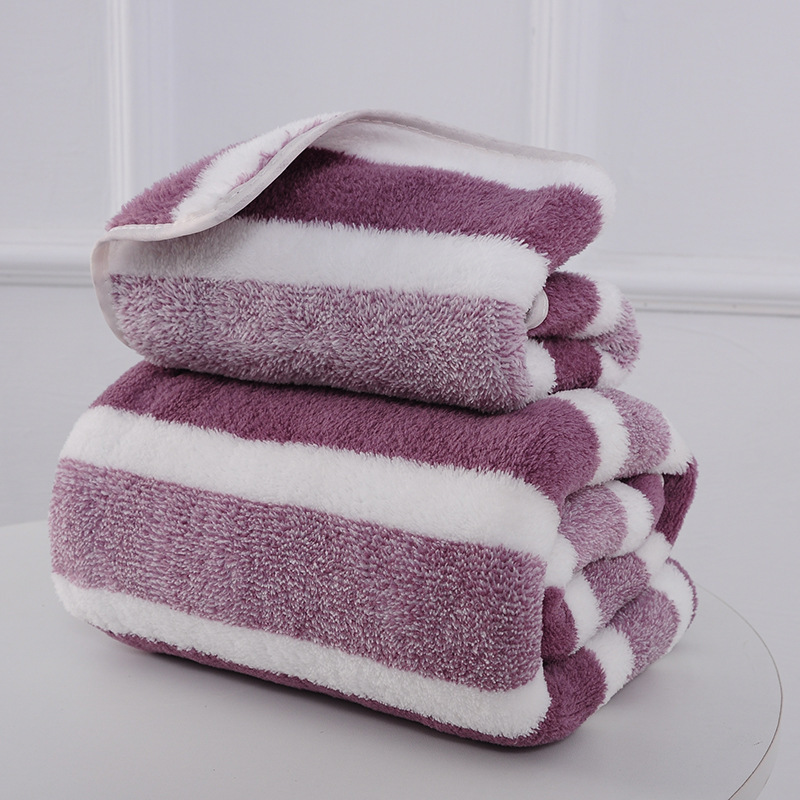 Bath towel set Stripes Absorbent Quick Drying coral fleece Soft Adults Face Hand Towels Bathroom Microfiber Swim Bath Towels: PURPLE