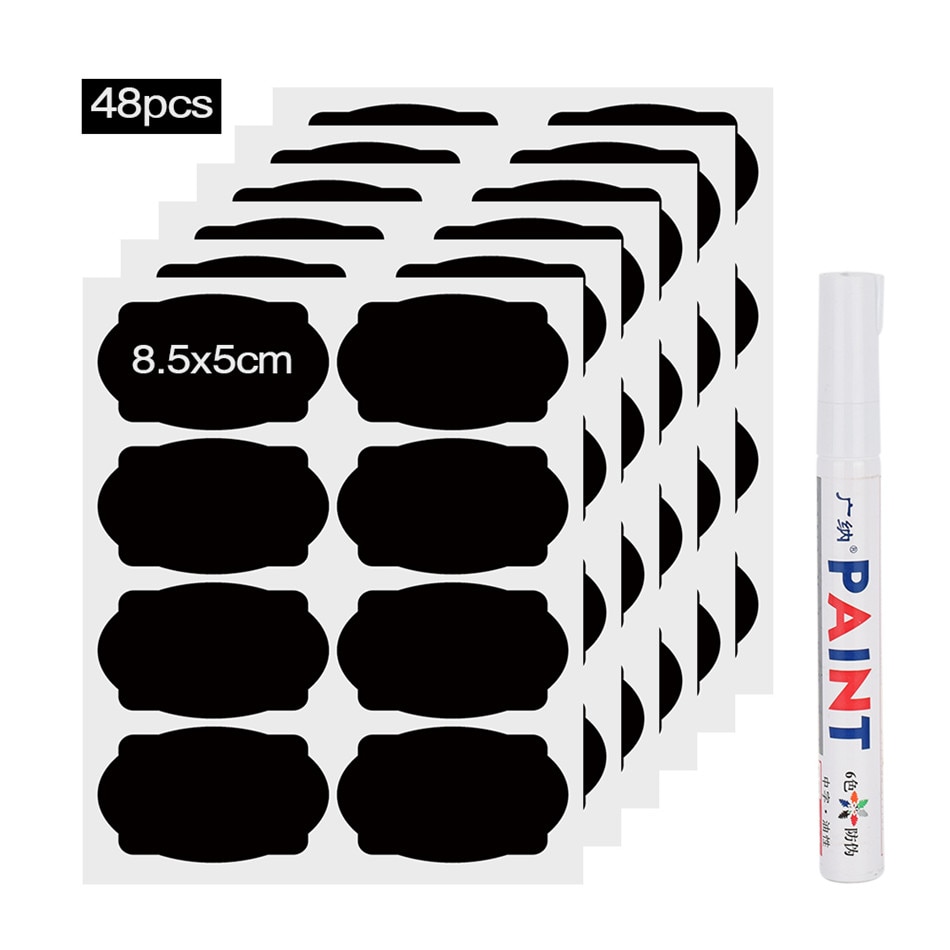 Etiquetas adhesivas de especias para cocina, etiquetas impermeables para botellas de mermelada, organizador de tarros, pizarra, etiqueta de pared, color negro, 48 Uds.