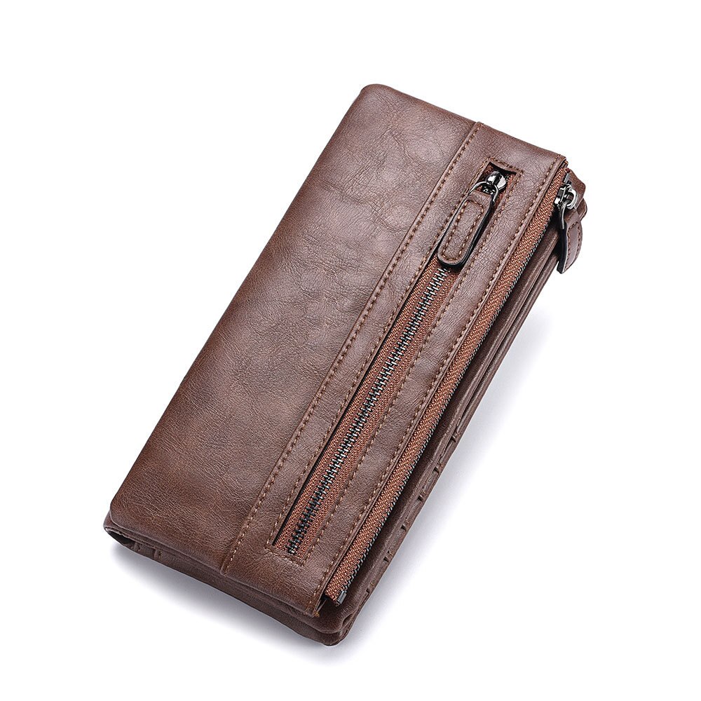 Soft Leather Men's Business Wallets Brand Vintage Purse Card Holder Male Long Zipper Clutch Wallet with Phone Pocket: coffee