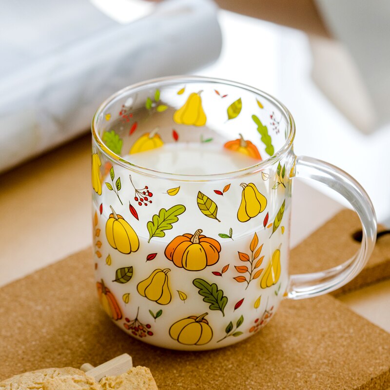 Jinyoujia värmebeständig med handtag glasmugg frukost mjölkkopp söt kontor hem kaffemuggar citron svamp pumpa mönster