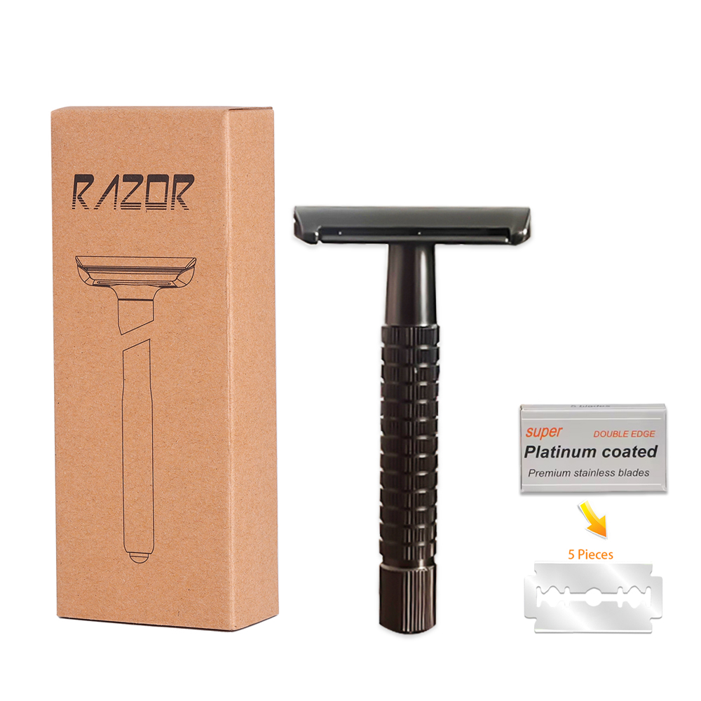 Maquinilla de afeitar de seguridad Whityle de doble filo, afeitadora Manual Popular en húmedo, herramienta de cuidado de afeitadora clásica para hombres y mujeres con 5 hojas de platino: Negro