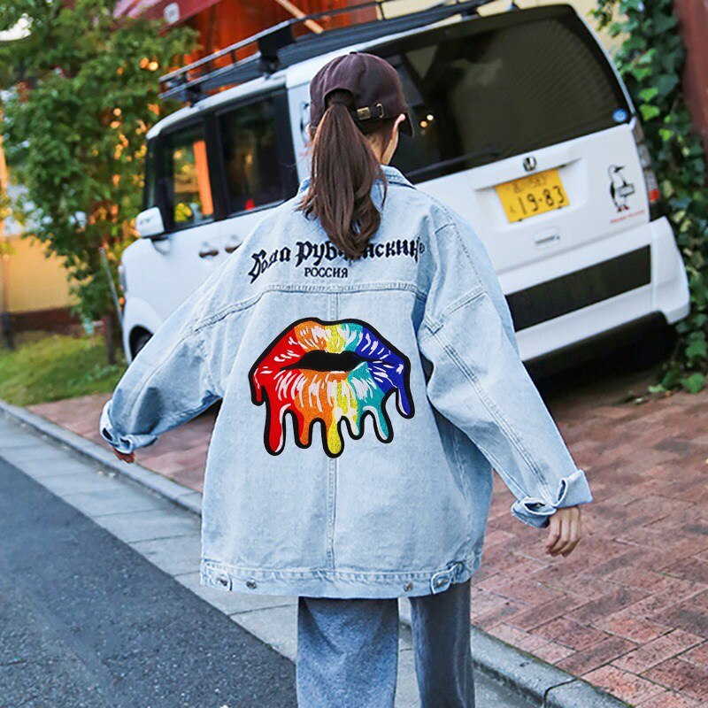 Diy grote regenboog lip mond patches applicatie naaien handgemaakte borduurpatch voor kleding geborduurde kleding decoratie